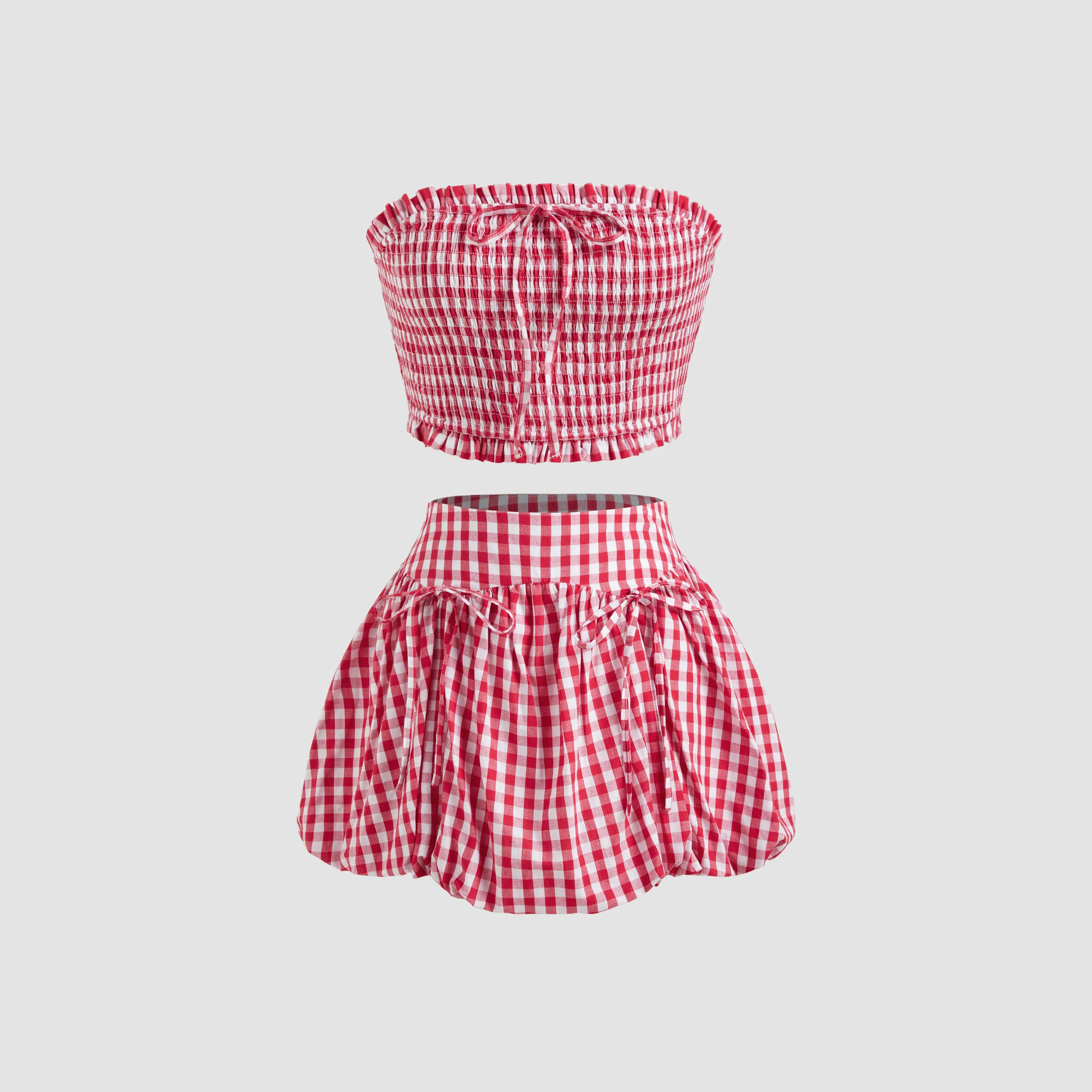 Cider [size 0-10]  Gingham Shirred Knotted Crop Tube Top & Gingham Bubble Hem Knotted Mini Skirt Set