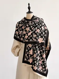 Women's Floral Pattern Faux Wool Scarf, Fashionable Multifunctional Air Conditioning Shawl, Thick Warm Wrap for Daily Use, Fall & Winter