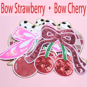 A set of 6 large-sized bow cherry and bow strawberry ironing fabric patches for clothes, bags, decorations and patches is suitable for all your clothing and accessories