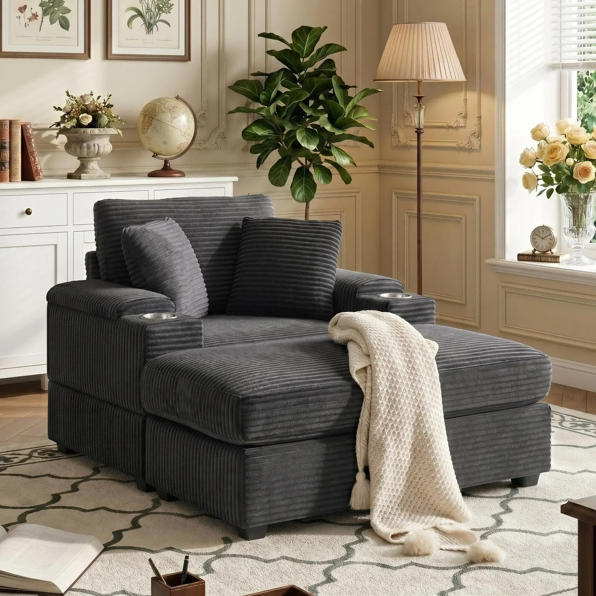 Eyisean 50" Corduroy Oversized Indoor Lounge Chaise - Upholstered Foam Piece with Footstool, Wood Storage Armrest, Cup Holder, Reclining Sofa Bed, Cozy Corner Living Room/Bedroom Furniture, Corduroy Sofa Couch