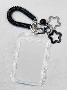 Clear Photocard Holder Keychain for Kpops - Protective Card Protector Sleeve with Star Wave Design | ID Badge, Bus Pass, Student Card, Photo Keyring