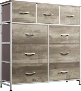 9-Drawer Dresser, Fabric Storage Tower for Bedroom, Hallway, , Closet, Tall Chest Organizer Unit with Fabric Bins, Steel Frame,  Top, Easy Pull Handle, Greige