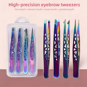 Color Titanium 4-Piece Set High Precision Stainless Steel Tweezers, 96 Clamps Eyebrow Kit, Hair Removal Tweezers, Perfect Gift for Holidays