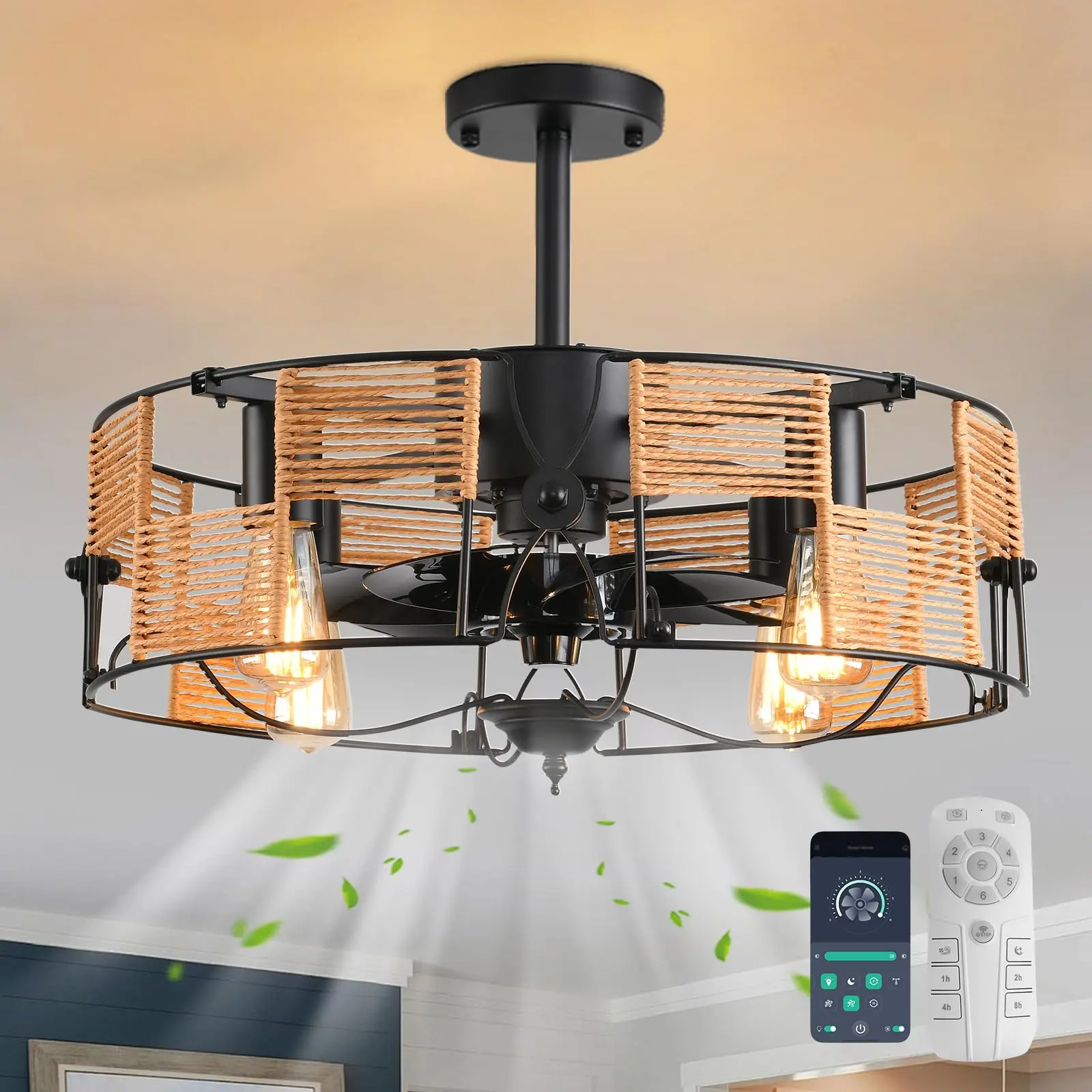 Garwarm 19.6in Caged Flush Mount Ceiling Fan with Light - Boho Rattan Rustic Design, Adjustable Lighting, Energy Efficient, Multifunctional Remote Control, Easy Tweaks for Kitchen, Bedroom