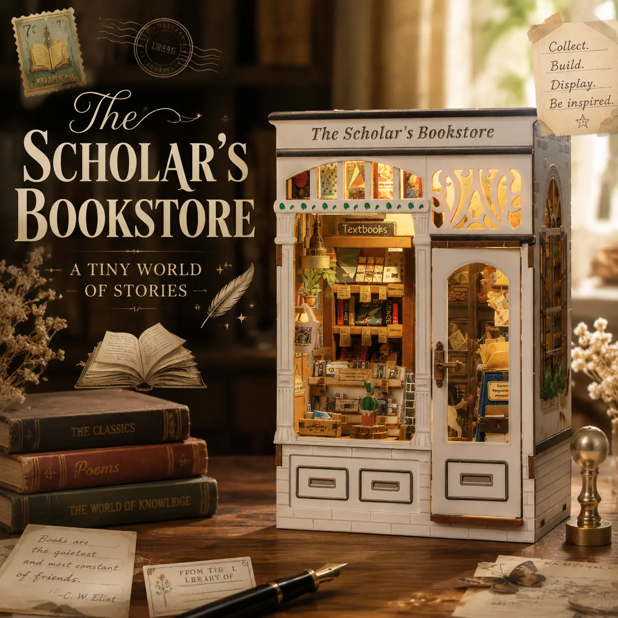 CUTEBEE The Scholar’s Bookstore DIY Book Nook Kit, 3D Wooden Miniature House Bookshelf Insert, Creative Model Building Set & Gift for Adults, Wooden Assembly Kit, Creative Building Block