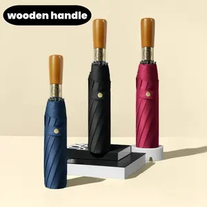 Wooden Handle Golf Umbrella 12-Rib Automatic Open & Close Windproof UV Protection Large Double Canopy Telescopic Outdoor Sunshade with Rechargeable Fan Shielding Cover waterproof windproof umbrella Blue