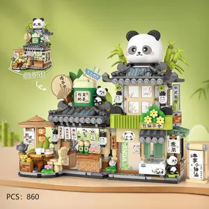 City Cafe Panda Teahouse Building Blocks Toys, Openable Panda Construction Tea Shop Building Toys, Mini Street Scape Building Blocks, Creative Brick Box Street View, Gift Halloween, Birthday, Christmas, Mini Building Blocks, Miniature Set