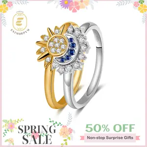 EOM Sun & Moon Ring Rhinestone Band White/Golden Metal Coating Romantic Gift for Couples Weddings Anniversaries mothersdaygift