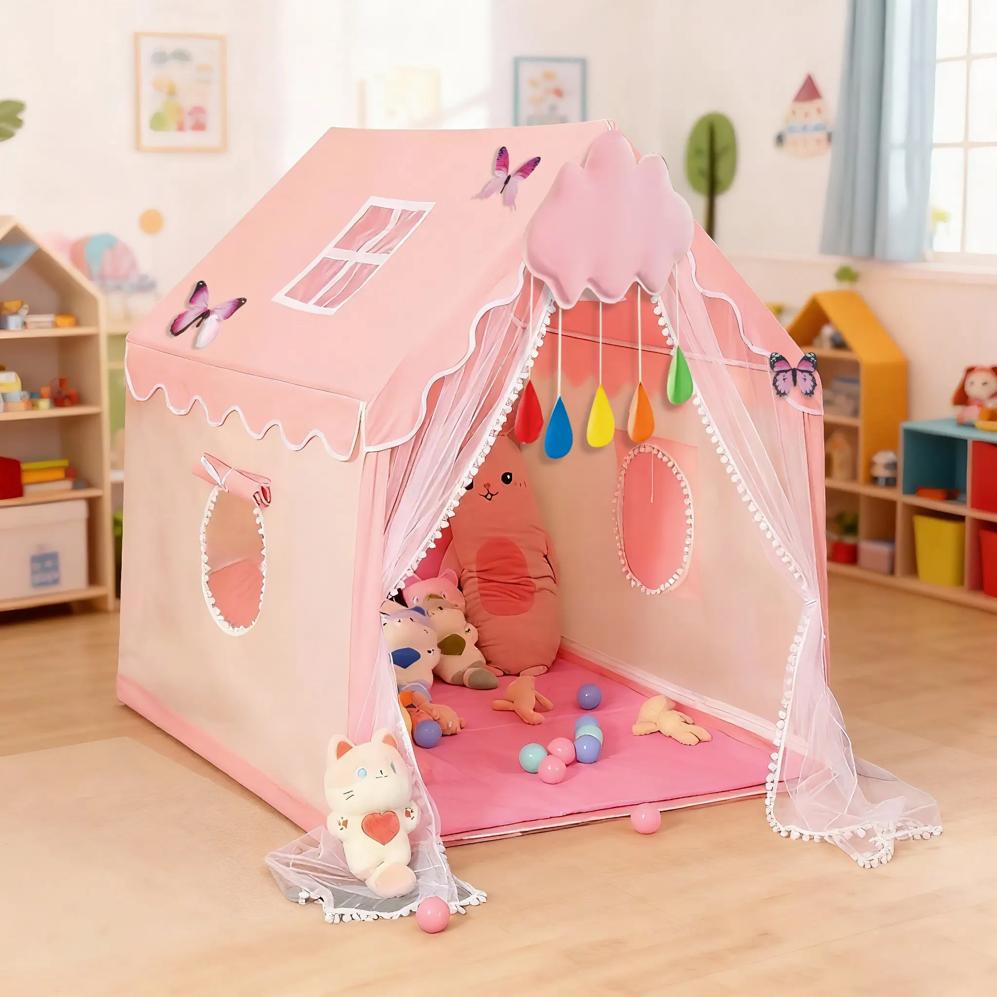 Bed Canopy Play Tent for Kids, Toddler Play Tent, Portable Play Tent, Foldable Playhouse with Windows & Curtains, Outdoor Playhouse, Sturdy Steel Frame, Carry Bag, Secret Base & Imagination Zone, Ideal Birthday Holiday Gift, Playroom, No Lights