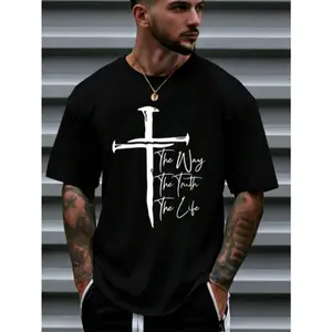 Men's Christian Faith Graphic T-Shirt The Way The Truth The Life Cross Design, Breathable Cotton Regular Short Sleeve Tee, Religious Casual Wear, Unisex Plus Size Top for Spring Summer Outdoor Daily Use