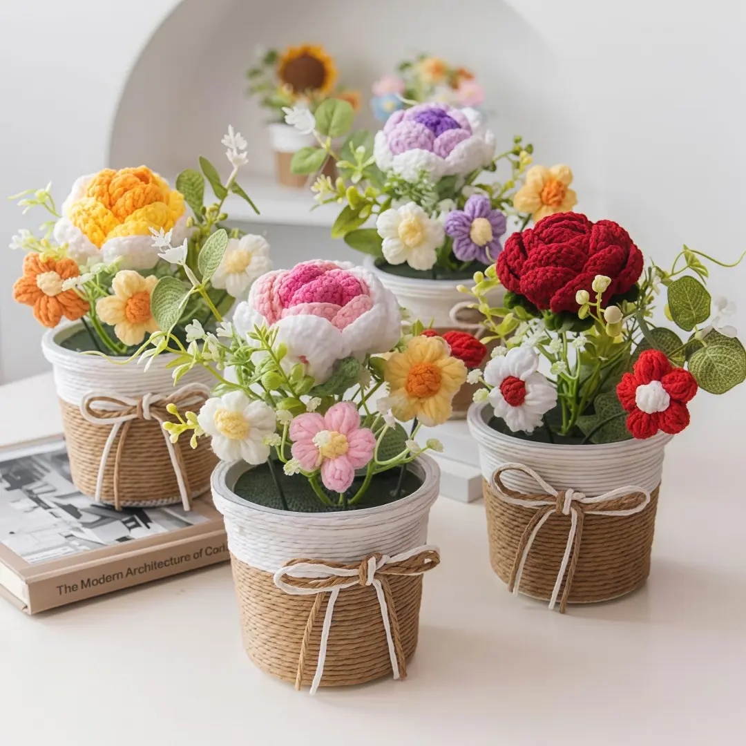 Set of 1Pieces Handmade Crochet Puff Rose Flowers with Rustic Pot Knitted Creative Gradient Rose Bouquet Potted Plants Cute Home Desktop Decorations and Presents for Women