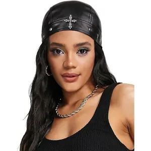 Leather Biker Cap for Women Adjustable Snug Fit Skull Cap with Tiny Toy Gun Charm Cool Decor Stylish Doo Rag for Riding Outdoor Edgy Gun Detail Stay Cool & Chic on the Road