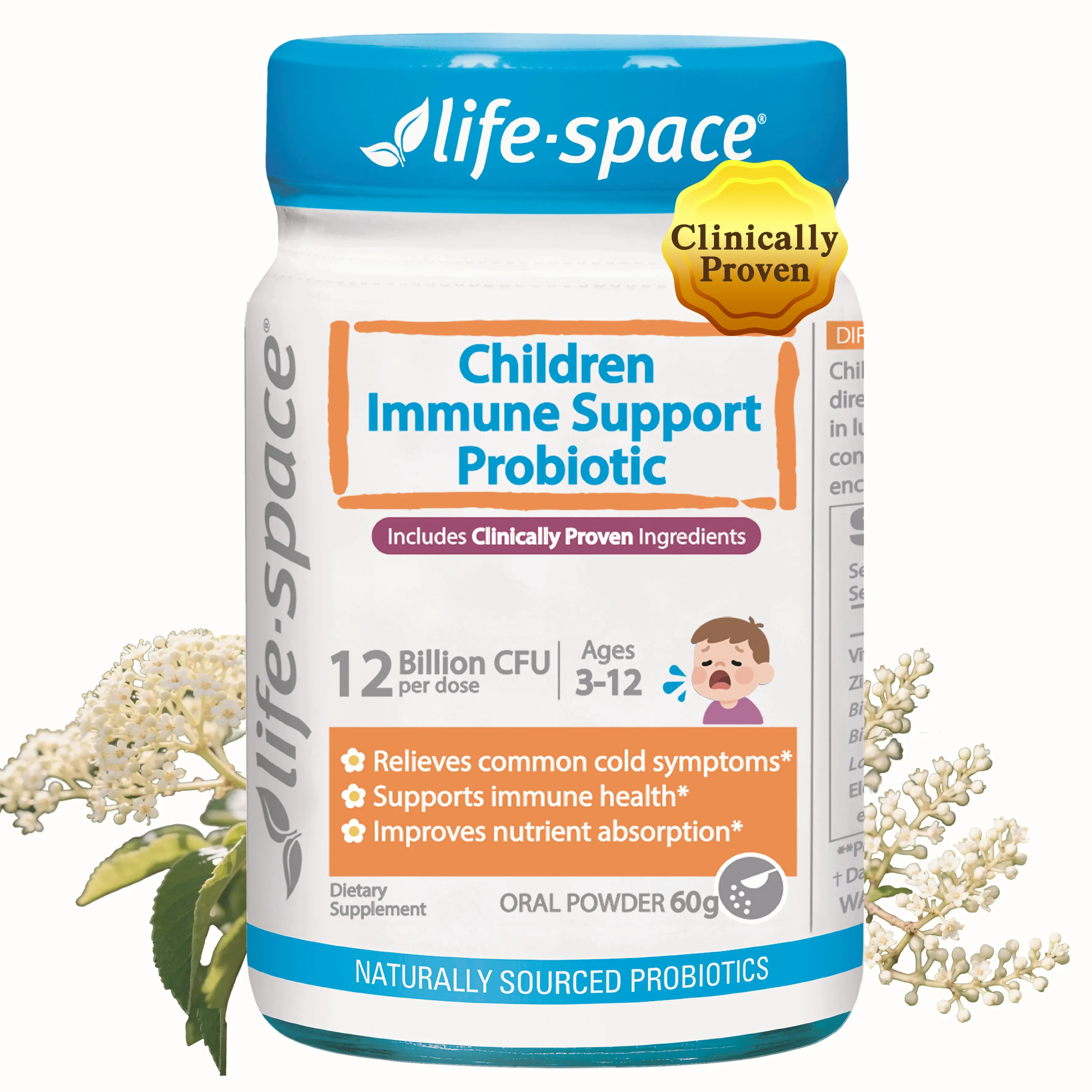 Life-Space Children Immune Support Probiotic, 2 Month Serving, Clinically Proven to Relieve Common Cold Symptoms, 12 Billion CFU, 6 in 1 Kids Probiotic for Digestive & Immune Health, 60 Grams