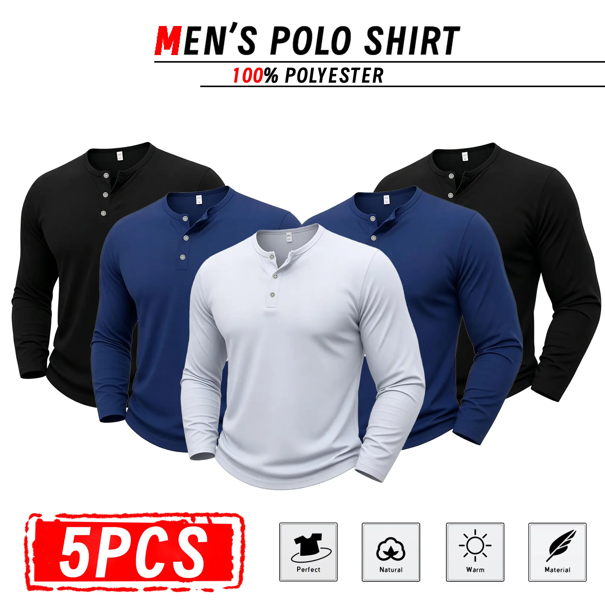 Men’s long-sleeve Henley shirt set of five pieces, solid color design, classic color palette, stylish and versatile—suitable for home, commuting, travel/vacation, sports, and casual wear; can also serve as a holiday gift.