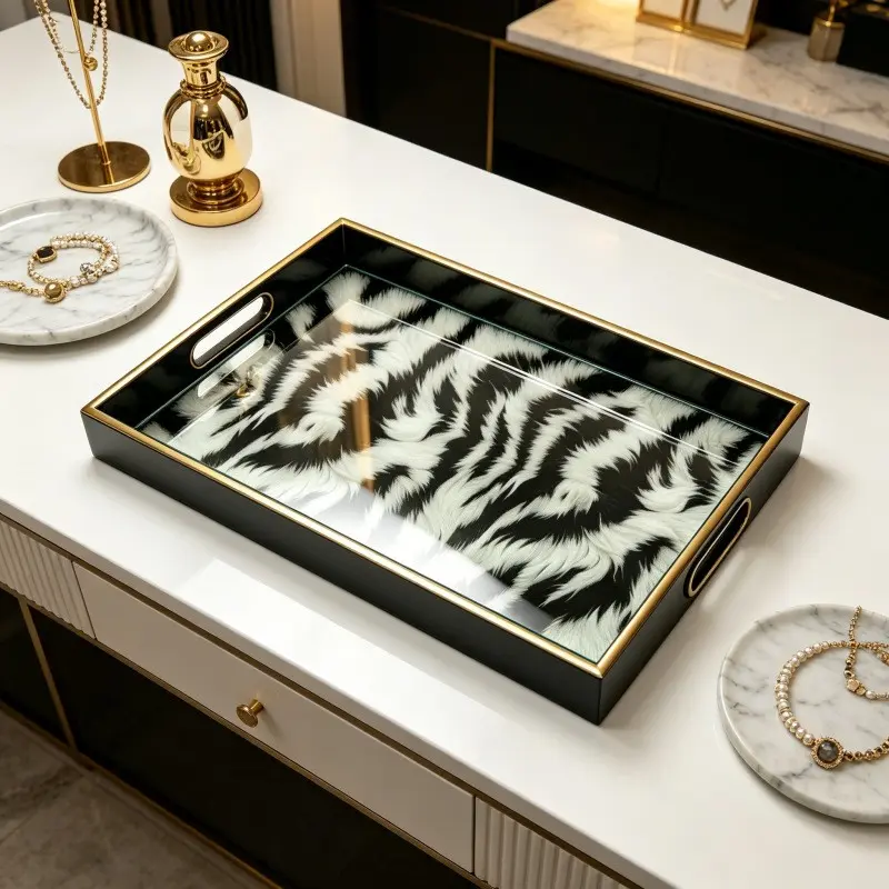 Luxury Glass Tray Zebra Pattern Scratch-Resistant Storage Function Scent Organizer, Living Room Coffee Table Desktop Storage Tray, Elegant Aesthetic Home Decor Accessory, Decoration, Elegant Design, Glass Material