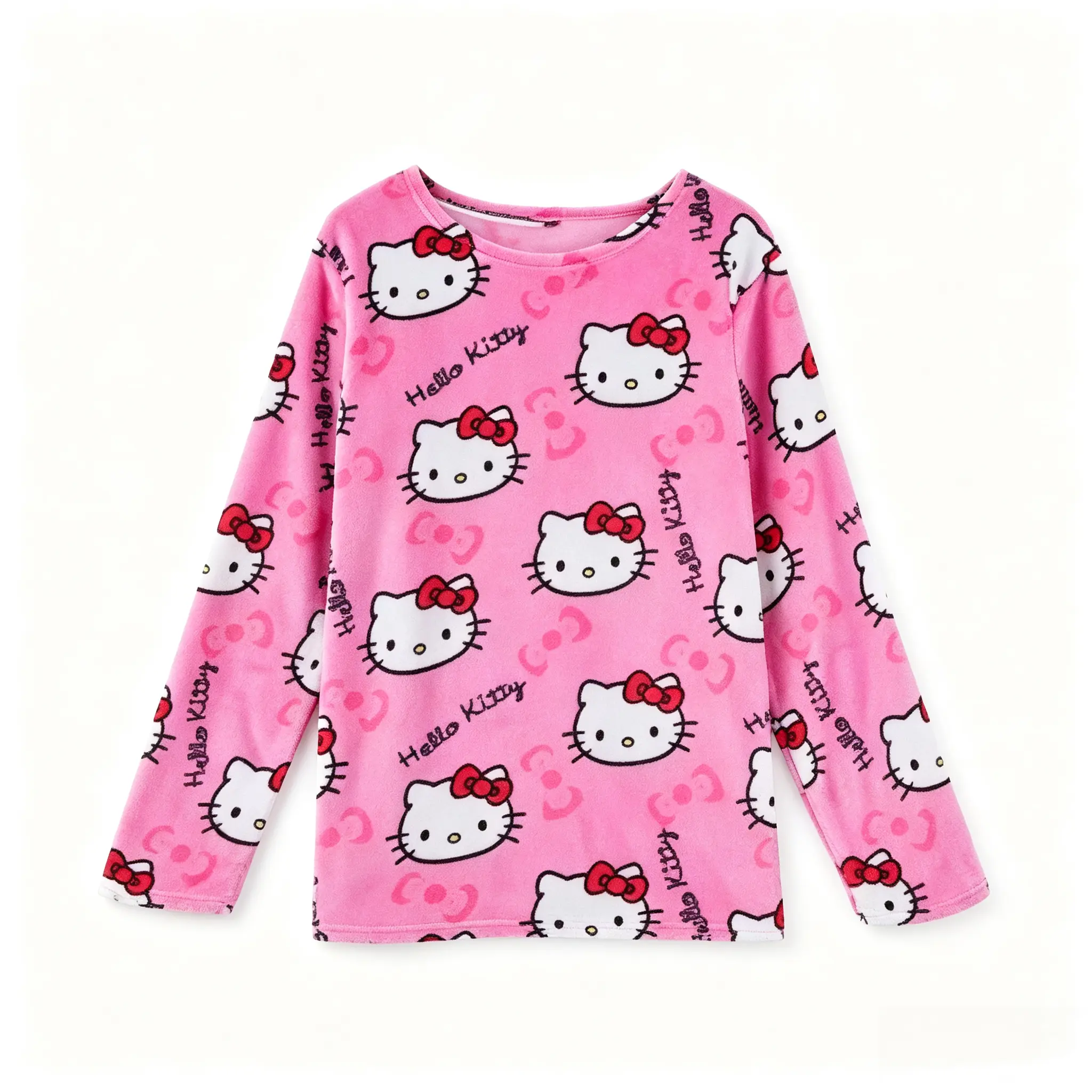 Sanrio Hello Kitty Pink Coral Fleece Long‑Sleeve Shirt Cute Cartoon Soft Warm Plush Pullover Cozy Loungewear Sleepwear for Daily Casual Wear Kawaii Home Clothes Gift for Girls Teens
