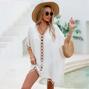 Crochet Trim Tassel Hem Beach Cover Up Tunic
