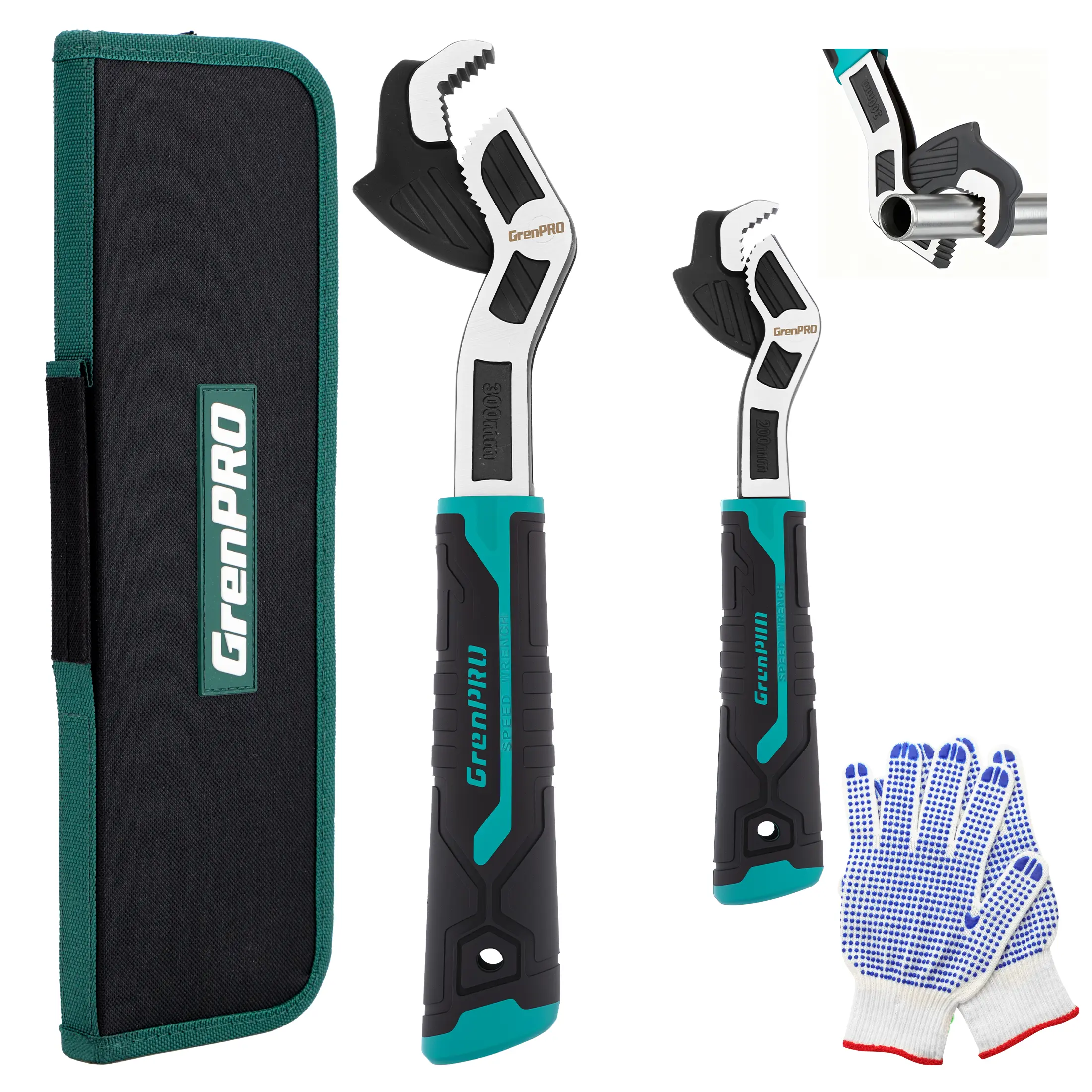 GrenPRO 8" and 12" Self-Locking Ratcheting Pipe Wrench Set, Industrial Grade Flexible Head Adjustable Wrench, 2-Piece Combination Tool Kit for Plumbing Repair, Faucet Installation, Water Heater Maintenance
