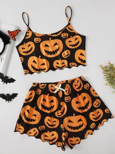 Women's Halloween Pumpkin Print Vest Top & Shorts Pajama Set, Fun and Comfortable Sleepwear for Parties or Cozy Nights at Home