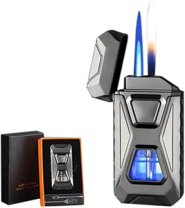 Christmas gift | (Gas Not included) Voice Activated Windproof Dual Flame Lighter, USB Rechargeable,Jet Flame and Soft Flame, Visible Transparent Window, Refillable Butane Lighter