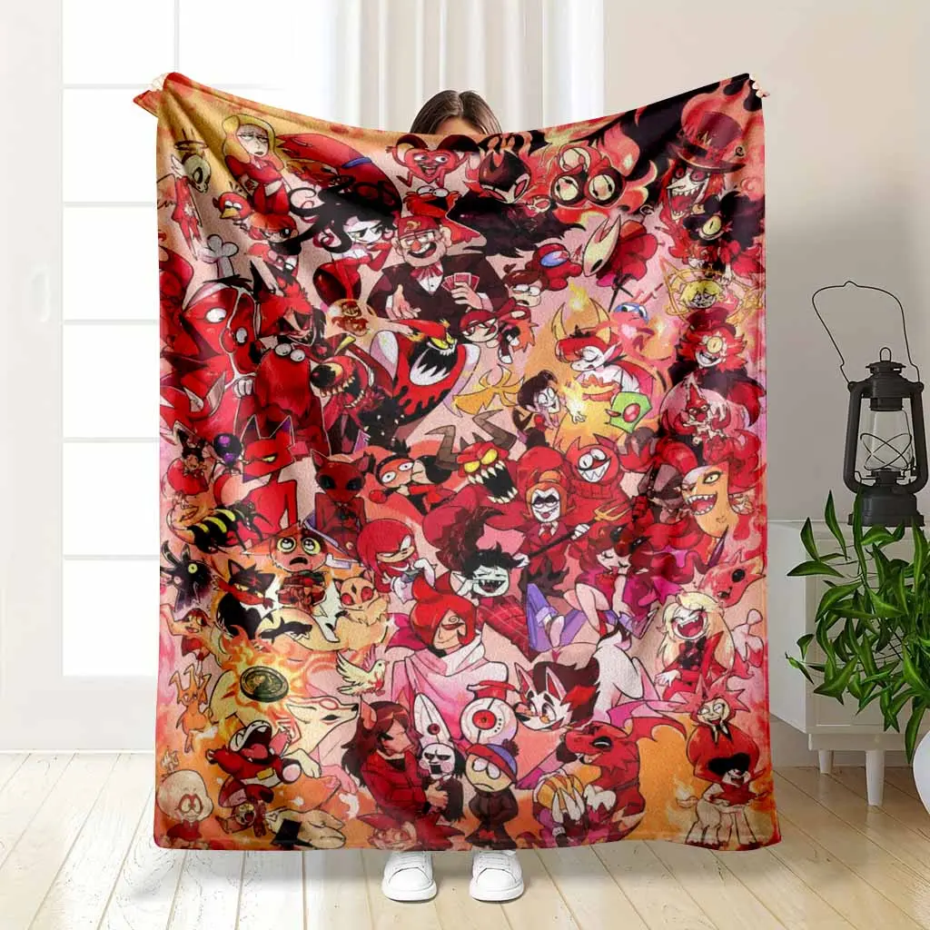 Red Demon Cartoon Flannel Blanket Infernal Character Collage Print Soft Warm Cozy Plush Throw for Sofa Bed Living Room Movie Nights Halloween Parties Gifts
