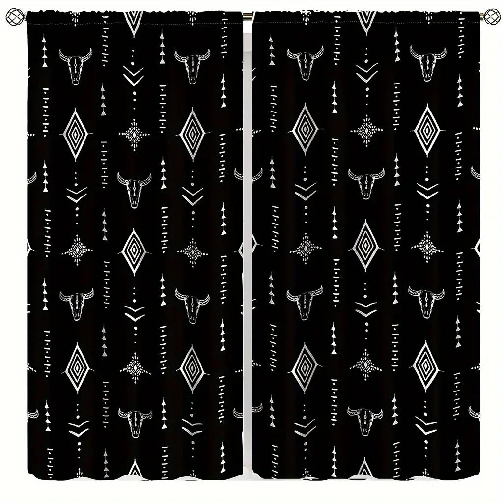 2pcs Aztec Bull Skull Print Semi-Transparent Polyester Curtains - Tribal Motif, Black with White Bull Head & Geometric Pattern, Bohemian Look, Ideal for Living Room & Bedroom Decoration, Animals