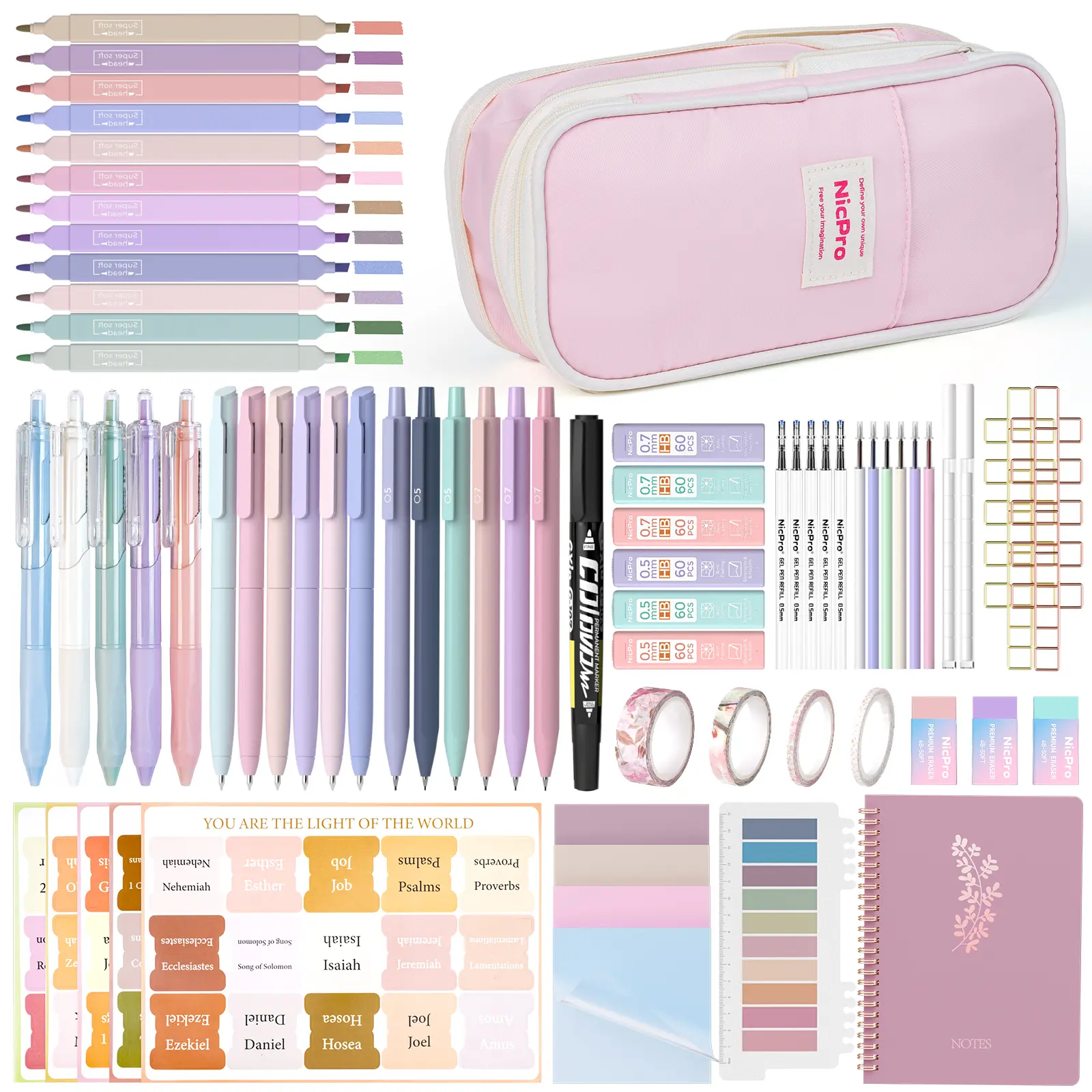 Nicpro 76PCS Aesthetic Christian Women's Bible Study Journaling Kit - Tabs, Notebook, Highlighter, Pens, Pen Case - Stationary Set, Learning Materials, Office Accessories for Back to School Shopping & Beginners