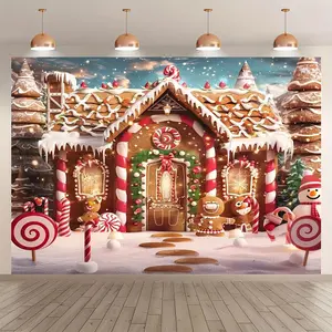 Merry Christmas Gingerbread House & Snow Tree Backdrop - Festive Party Decor, Easy Setup, Multi-Size Options, Perfect for Indoor Celebrations & Photo Shoots