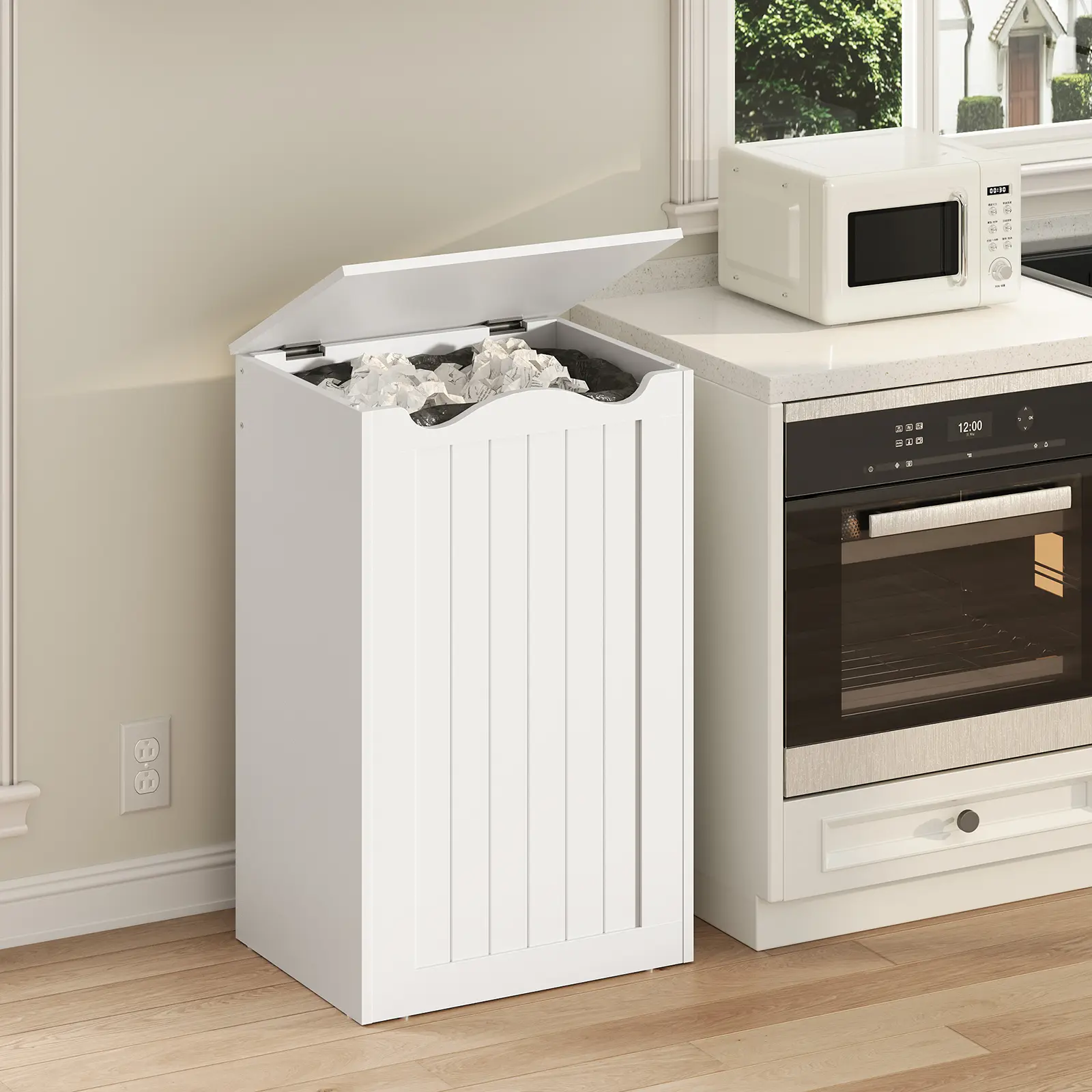 YATINEY Trash Can Cabinet, 17 Gallon Hidden Kitchen Garbage Can with Lid, No Inner Bin Needed, Wooden Recycling Trash Bin Cabinet for Kitchen, Living Room White #SummerVibes#DealsforYouDays #SummerGarden