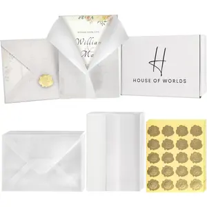 300 Pack Vellum Jackets for 5x7 Invitations Includes 100 Jackets 100 Vellum Envelopes 100 Seal Stickers Pre Folded Easy Use Wedding Invitation Accessories Kit Invitation Sleeves
