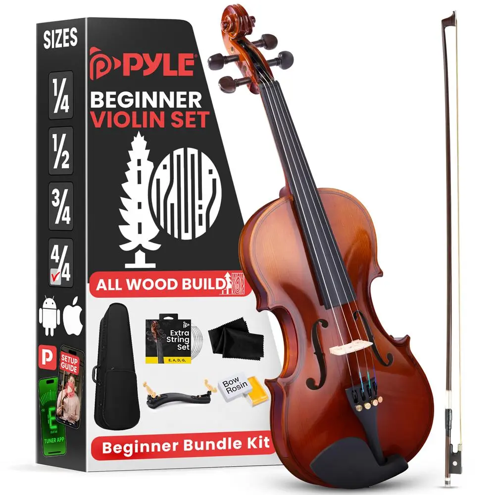 Beginner Full-Size 4-String Wood Grain Violin Starter Kit - 23.6in x 8.3in x 3.4in, Lightweight, Ready to Play, for Learning, Includes Case, Bow with Bow Frog, Rosin, Cleaning Cloth, Digital Violin Tuner, Dyed Hardwood Fingerboard & Chin Rest, Ebonized