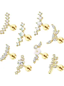 8pcs 16g Cartilage Earring Set, Stainless Steel Flower Opal Cz Studs, Flat Back Cartilage Conch Helix Piercing Jewelry for Women, Swirly Conch Jewelry