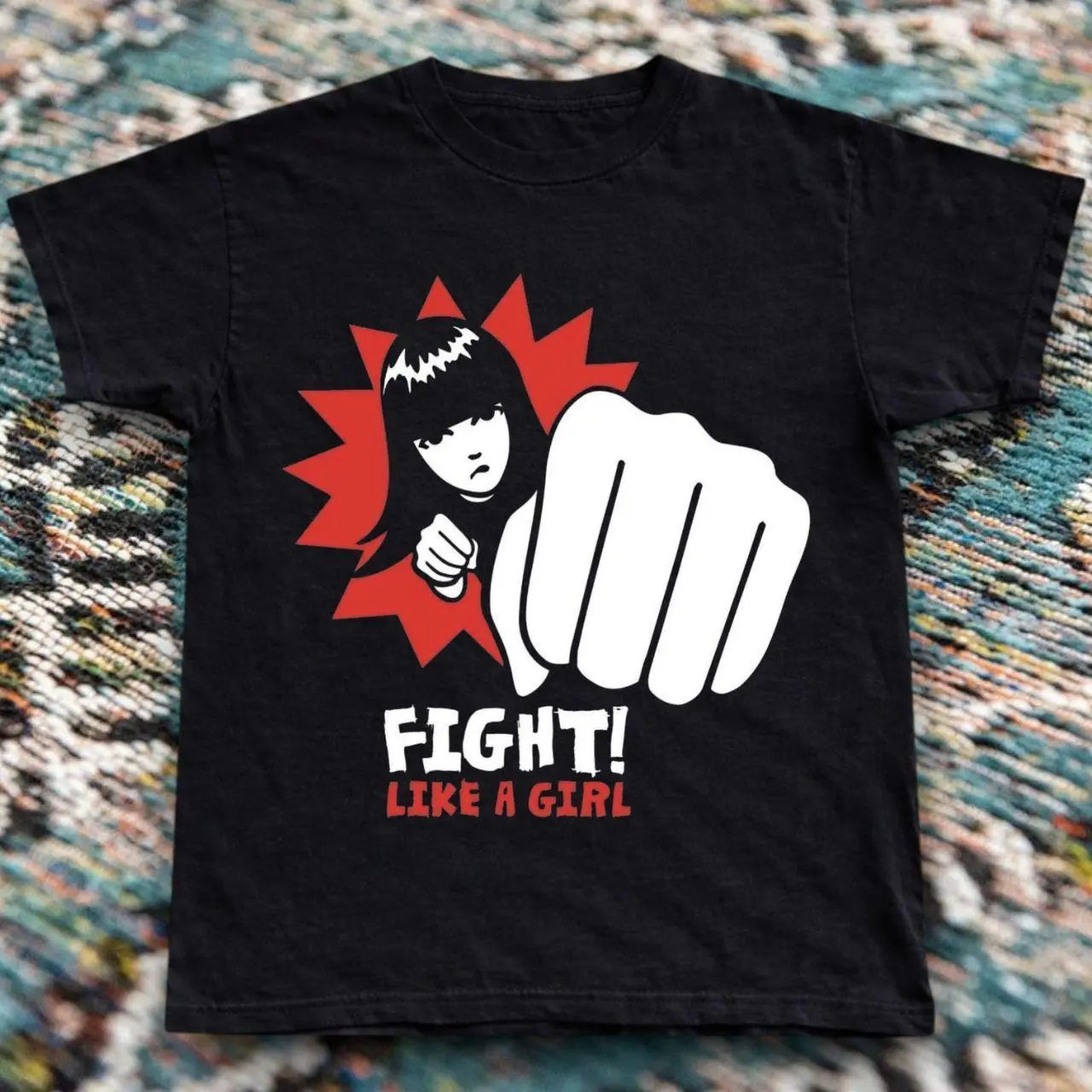 Emily The Strange "Fight Like A Girl" T-Shirt - Vintage Y2K Goth Emo Graphic Tee, Black Feminist Quote Unisex Short Sleeve Top