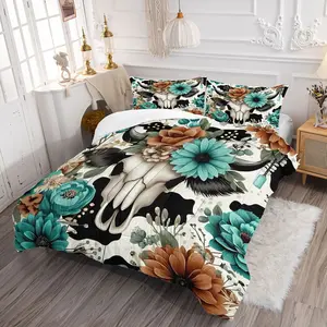 2/3PCS Western Cow Skull Floral Comforter Set, Boho Cow Print Bedding Set with Pillowcases, Soft Microfiber Digital Print Quilt for All Seasons, Rustic Cowboy Bed Set for Bedroom, Dorm, Guest Room Home Decor