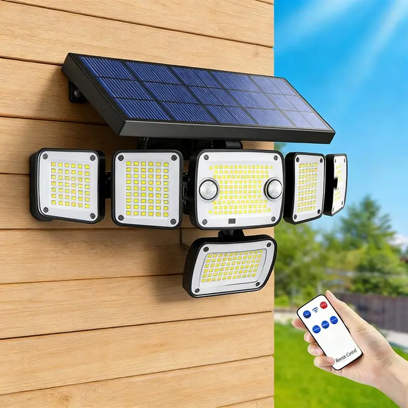 Solar Outdoor Motion Sensor Security Lights with Remote Control, Solar Illuminated, Outdoor Safety Lighting, 6-Head 366-LED IP65 Waterproof Wall Lights for Patios, Driveways and Yards, Adjustable Solar Floodlight and Spotlight