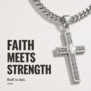 AMKMAX Men's Stainless Steel Cross Necklace with Cable Inlay, Polished Hollow Christian Pendant on a 23.6-Inch Long Chain, Chain Jewelry Necklaces