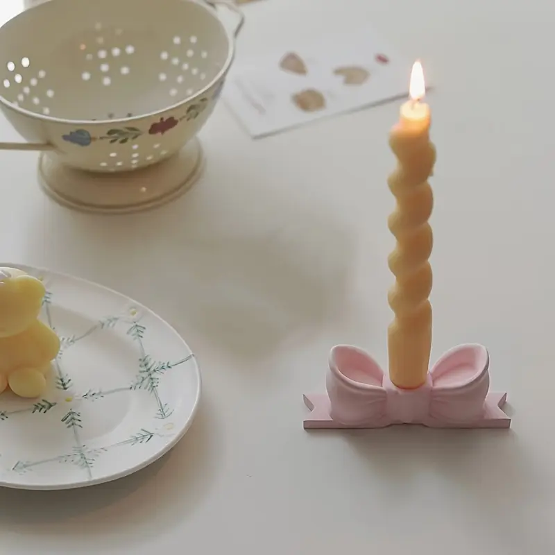 [Cute Bow Candle Holder] Elegant White & Pink 1pc Cute Bow Candle Holder | Long Pillar Scented Candlestick for Romantic Table Decor, Hand-Painted Design for Kitchen & Dining, Candle Holder Decor Mount Ornaments Decoration Ceramic