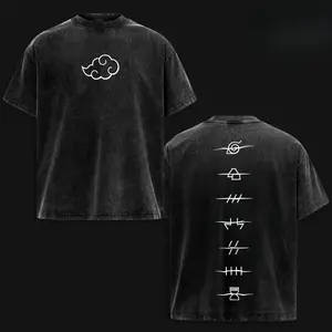 Men’s Unisex Naruto Akatsuki Clan Logo Retro Washed Cotton Graphic Tees, Oversize Heavyweight Short-Sleeve Round Neck Streetwear Top, High-Quality Vintage Casual Wear for Naruto Fans, Mens Gifts