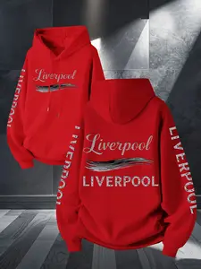 Liverpool Art Brush Print Hoodie, Unisex Long Sleeve Casual Sweatshirt, Geometric Pattern, Kangaroo Pocket, Fall & Winter Streetwear