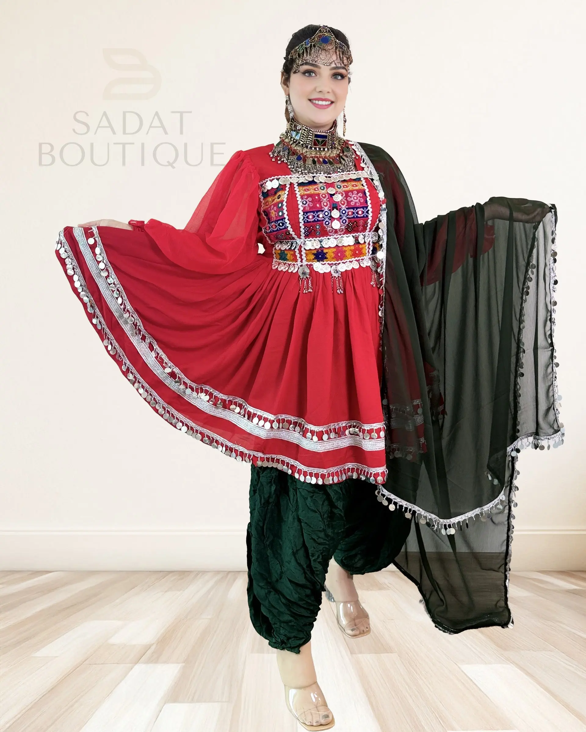 Women's Original Zarmina Afghan Kuchi Dress - Red Frock with Dark Green Partoog, Silver Mirror Accessories, Traditional Clothes by Sadat Boutique, Scarf