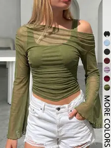 1 Piece Women's Mesh Knit Long Sleeve Top, Off Shoulder Flare Sleeve Ruched Crop Blouse, Sheer Form-Fitting Shirt for Party & Daily Wear