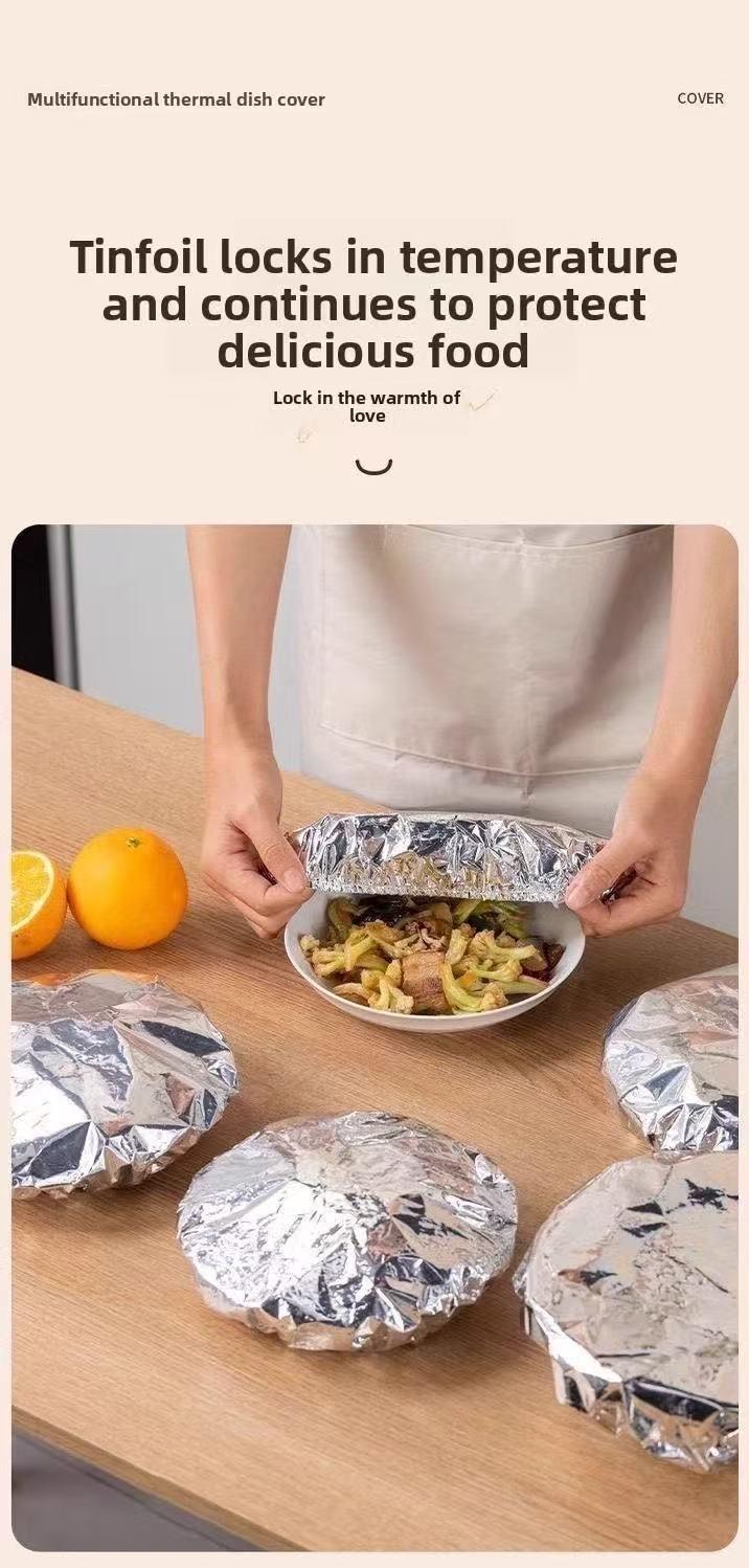 50pcsAluminum foil food warming cover keeps food warm and fresh. High-quality, reusable aluminum foil food cover for the family dining table. Kitchen freshness protector suitable for home and kitchen use.