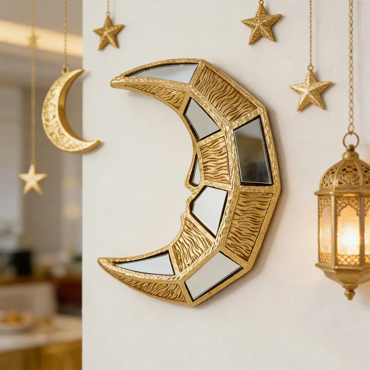 Ramadan Creative Modern Resin Mirror Stripe Crescent Moon Ornament, Special Design for Eid Mubarak Decor, Home Decoration Gift, Stylish Religious Decor, Islamic Decor