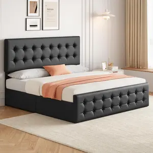 Black King Size Faux Leather Upholstered Platform Bed Frame with 4 Storage Drawers, Button Tufted Headboard, Wooden Slats Support, No Box Spring Required