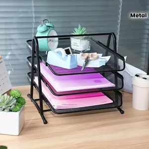3-Layer Stackable Desktop File Letter Tray Organizer, Desk Accessories Organizer, Multifunctional Metal Lattice Folder and Office Desktop Storage, Black
