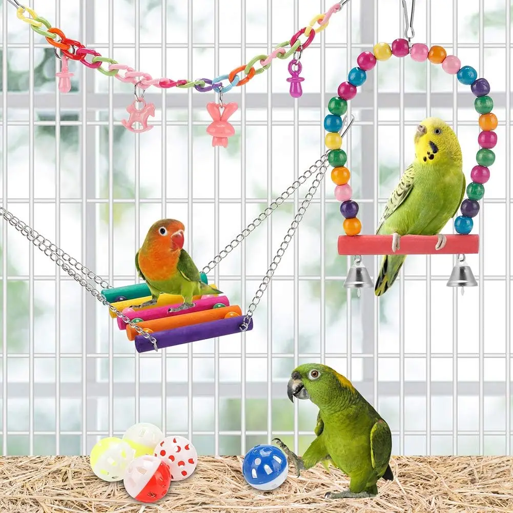 Pack Of 11 Bird Parakeet Toys, Swing Hanging Standing Chewing Toy Hammock Climbing Ladder Bird Cage Colorful Toys Suitable for Budgerigar, Parakeet, Cockatiel, Mynah, Love Birds