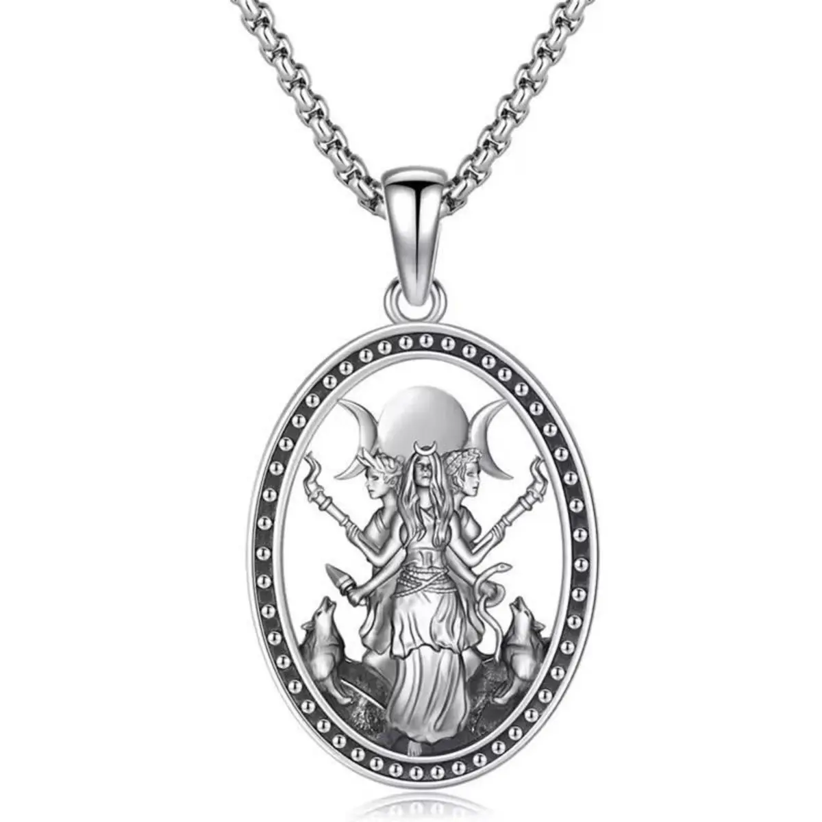 Unisex Silver-Tone Oval Pendant Hecate Necklace - Gothic Witchcore Costume Jewelry, Greek Goddess Protection Amulet, Mystic Triple Moon Symbol, Necklaces for Women, Artistic Statement Ancient Greek Amulet Gothic Daily Wear Gift, Gothic Necklaces