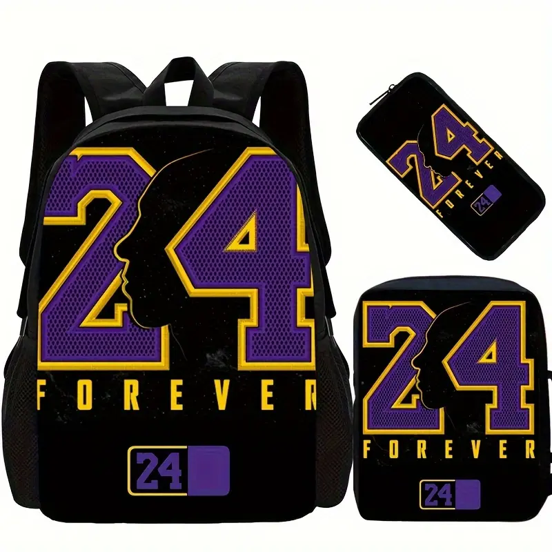 3-Piece School Bag Set, Purple & Gold Basketball Jersey Number Print, Oxford Cloth Backpack with Insulated Lunch Bag with Top Handle & Zipper Pencil Case for Students, Daypack, Adjustable Strap, School/Work, 3-Piece Set, Back To School Haul, Campus Life