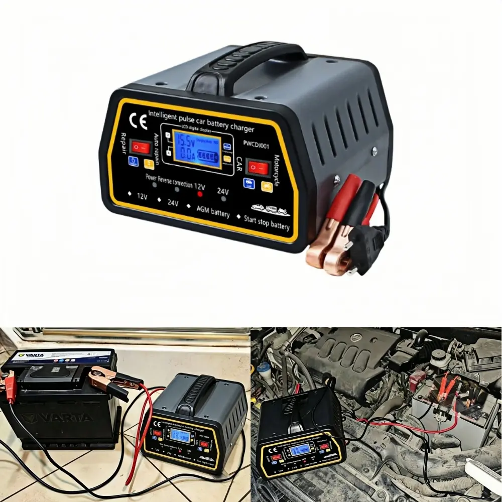 12V/24V Intelligent Car Battery Repair Charger with LCD Display - Pulse Monitor, Desulfator, Temperature Compensation, Remote Disconnect Switch, Automatic Maintainer for Auto, Truck Accessories, All Lead Acid Batteries, mechanic tool universal