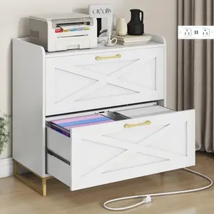 [SummerVibes] Vabches File Cabinet 2 Drawers Lateral File Cabinet with Charging Station for Letter/Legal/A4 Size Hanging Files, Large Wood File Storage Cabinets Printer Stand for Home Office